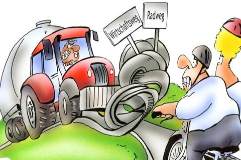 Auf Wirtschaftswegen kommt es immer wieder zu Konflikten, etwa zwischen Radfahrern und Traktorfahrern. Zeichnung: Heinrich Schwarze-Blanke