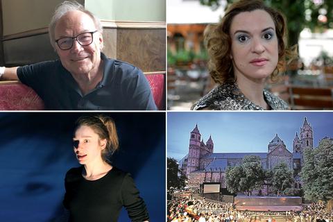 Klaus Maria Brandauer (oben l.) spielt eine Hauptrolle in diesem Jahr. Inga Busch (oben r.) kennt die Nibelungen-Festspiele, sie war 2009 die „Frigga“. Kathleen Morgeneyer (unten l.) begeisterte als Jungfrau von Orleans in Salzburg. Archivfotos:  dpa; Niepötter/masterpress; Hupfeld; Rudolf Uhrig