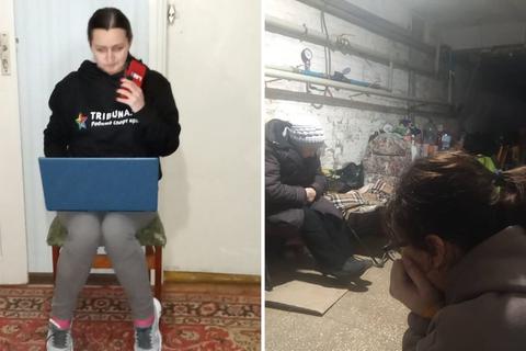 Iryna Koziupa bei der Arbeit (links) und - während des Luftalarms - mit mehreren Menschen in einem Zimmer (rechts).  Fotos: Koziupa