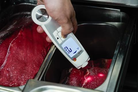 Ein Lebensmittelkontrolleur hält in der Küche eines Restaurants ein Thermometer an Fleischstücke. Foto: dpa